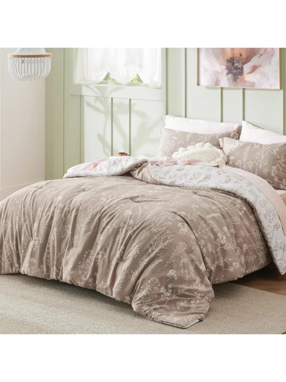 Cozy Light Taupe Queen Comforter Set - 3 Piece Floral Bedding, Reversible